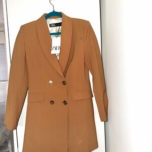 ZARA Double-Breasted Camel Blazer Jacket with Gold Buttons